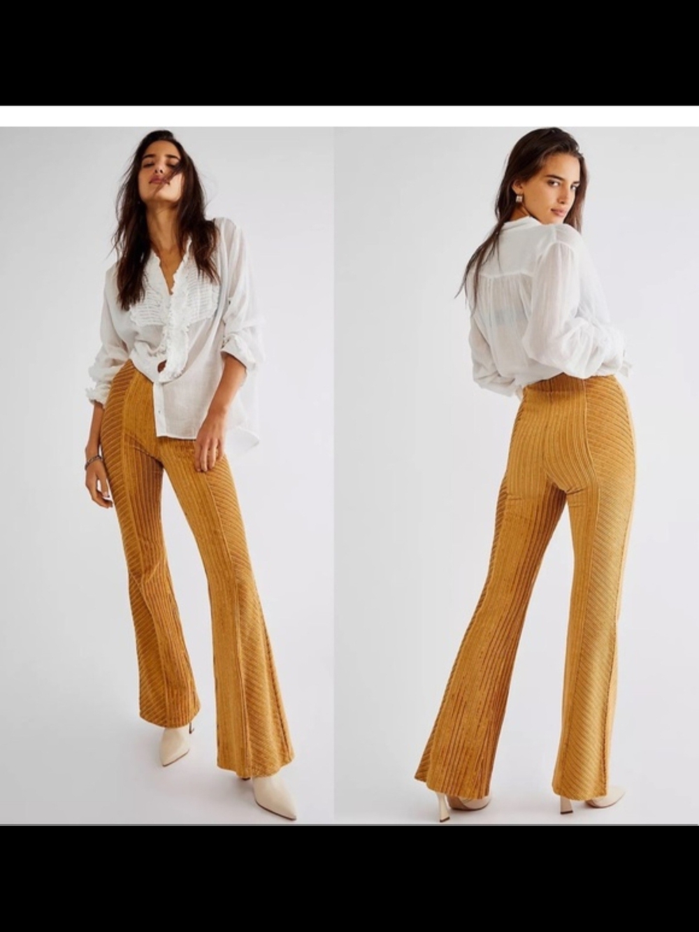 Free People Ribbed High-Rise Flare Pants in Mustard Yellow